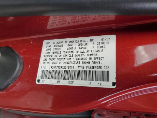 19UUA76597A018416 - 2007 ACURA TL TYPE S RED photo 12