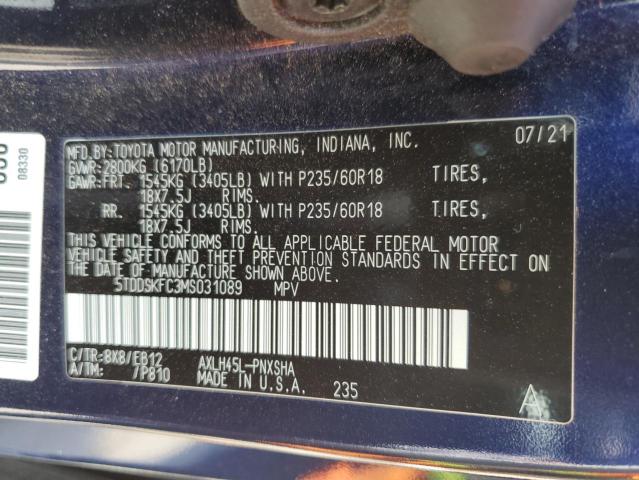 5TDDSKFC3MS031089 - 2021 TOYOTA SIENNA XSE BLUE photo 13