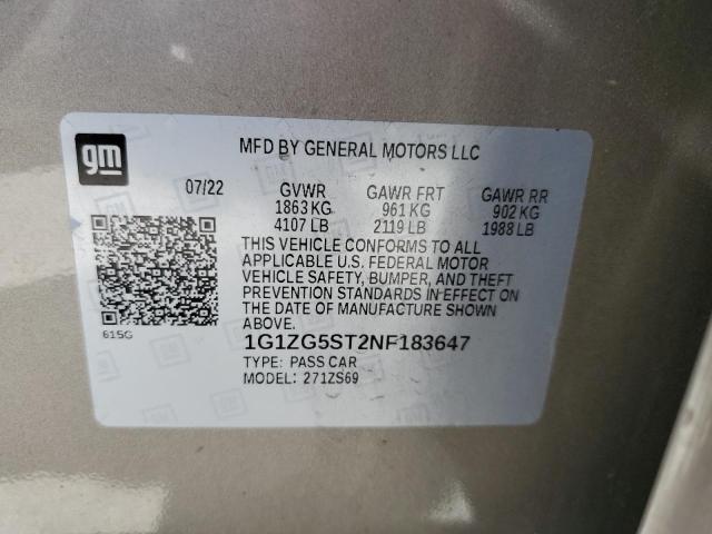 1G1ZG5ST2NF183647 - 2022 CHEVROLET MALIBU RS TAN photo 12