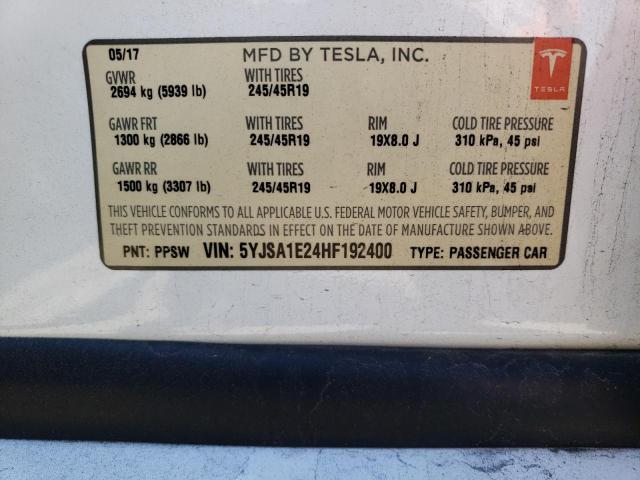 5YJSA1E24HF192400 - 2017 TESLA MODEL S WHITE photo 12