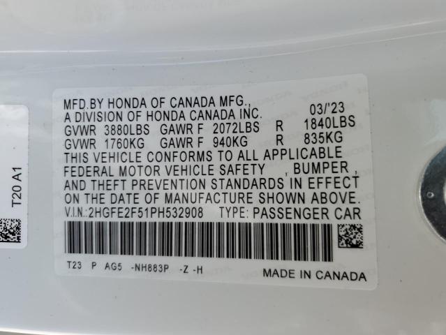 2HGFE2F51PH532908 - 2023 HONDA CIVIC SPORT 白色 照片 13