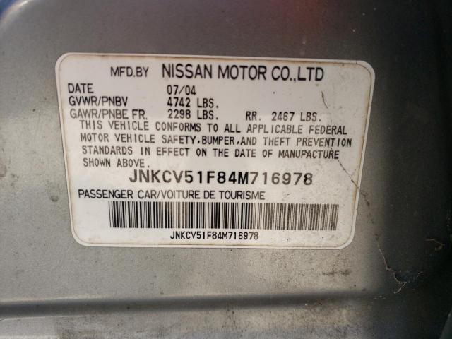 JNKCV51F84M716978 - 2004 INFINITI G35 SILVER photo 10