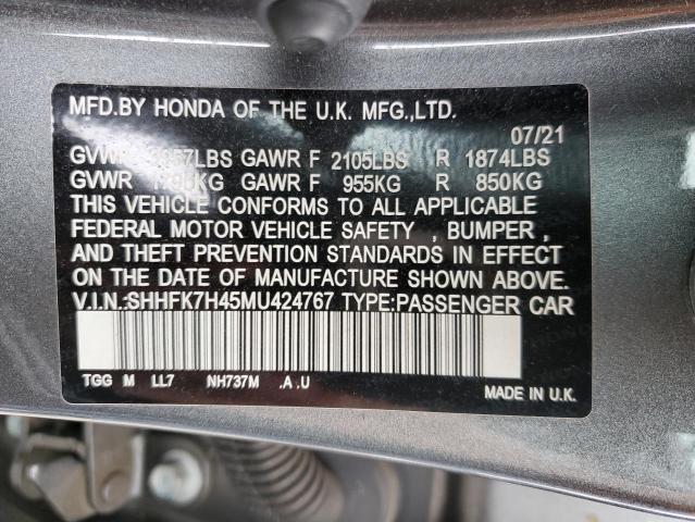 SHHFK7H45MU424767 - 2021 HONDA CIVIC SPORT 灰色 照片 12