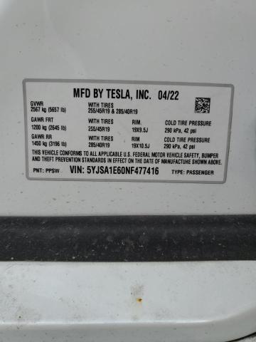 5YJSA1E60NF477416 - 2022 TESLA MODEL S Սպիտակ լուսանկար 13