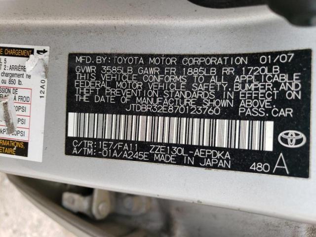 JTDBR32E870123760 - 2007 TOYOTA COROLLA CE SILVER photo 12