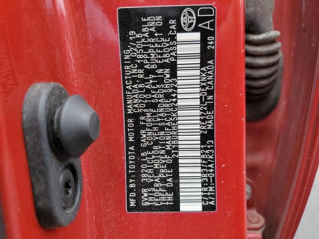 2T1BURHE5KC244723 - 2019 TOYOTA COROALLA L RED photo 12