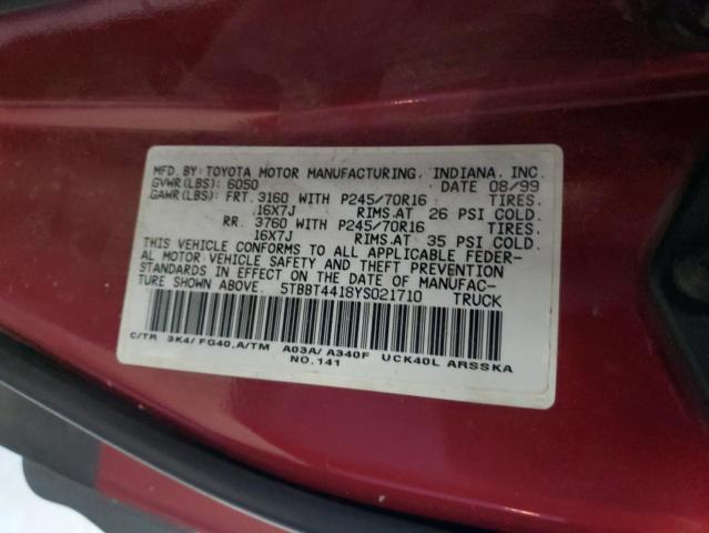 5TBBT4418YS021710 - 2000 TOYOTA TUNDRA ACCESS CAB ბურგუნდია ფოტო 12