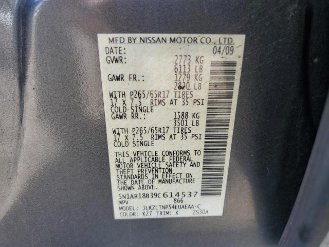 5N1AR18B39C614537 - 2009 NISSAN PATHFINDER S GRAY photo 10