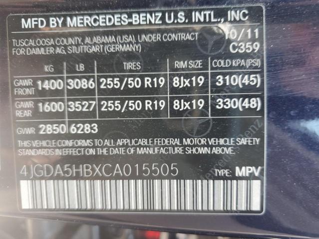 4JGDA5HBXCA015505 - 2012 MERCEDES-BENZ ML 350 4MATIC BLUE photo 13