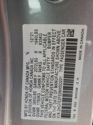 2HGFE2F52NH553201 - 2022 HONDA CIVIC SPORT 银色 照片 12