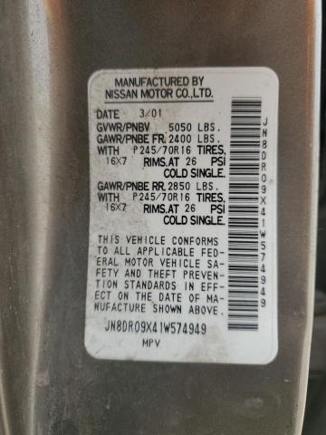 JN8DR09X41W574949 - 2001 NISSAN PATHFINDER LE GOLD photo 12