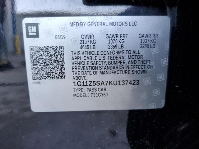 1G11Z5SA7KU137423 - 2019 CHEVROLET IMPALA LT BLACK photo 12