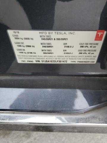 5YJSA1E22LF351472 - 2020 TESLA MODEL S GRAY photo 12