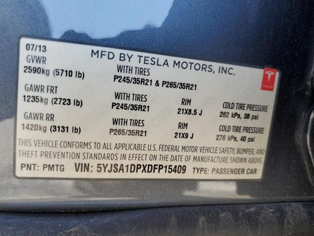 5YJSA1DPXDFP15409 - 2013 TESLA MODEL S GRAY photo 12