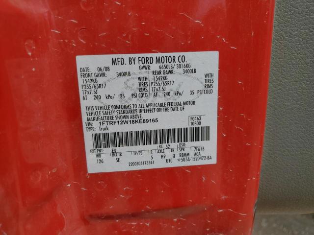 1FTRF12W18KE89165 - 2008 FORD F150 RED photo 12