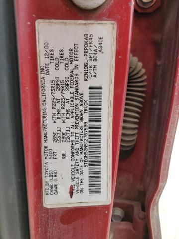 5TEGM92N51Z767599 - 2001 TOYOTA TACOMA DOUBLE CAB PRERUNNER RED photo 12