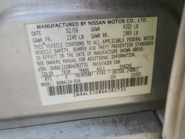 1N4AL11D86N382735 - 2006 NISSAN ALTIMA S SILVER photo 12