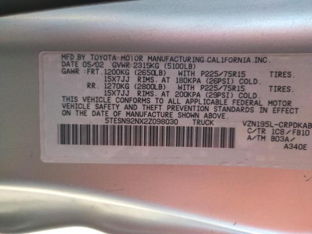 5TESN92NX2Z098030 - 2002 TOYOTA TACOMA XTRACAB PRERUNNER ვერცხლისფერი ფოტო 12