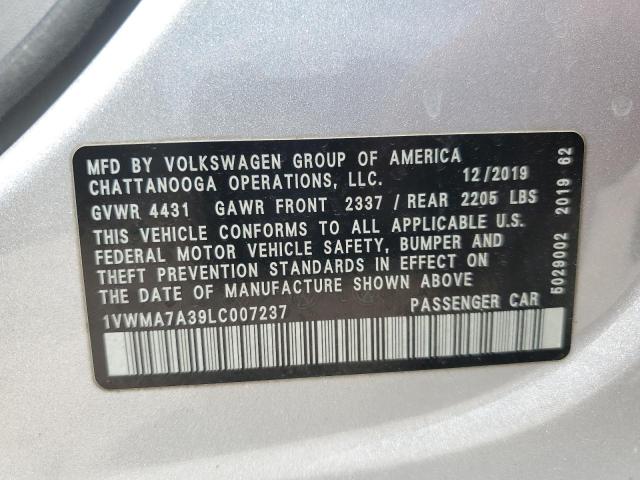 1VWMA7A39LC007237 - 2020 VOLKSWAGEN PASSAT R-LINE Արծաթագույն լուսանկար 12