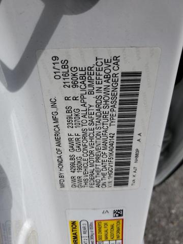 1HGCV1F51KA040142 - 2019 HONDA ACCORD EXL WHITE photo 12