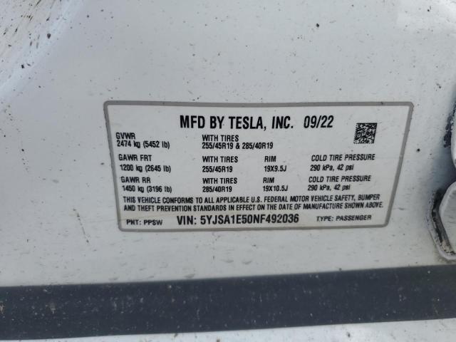 5YJSA1E50NF492036 - 2022 TESLA MODEL S თეთრი ფოტო 13