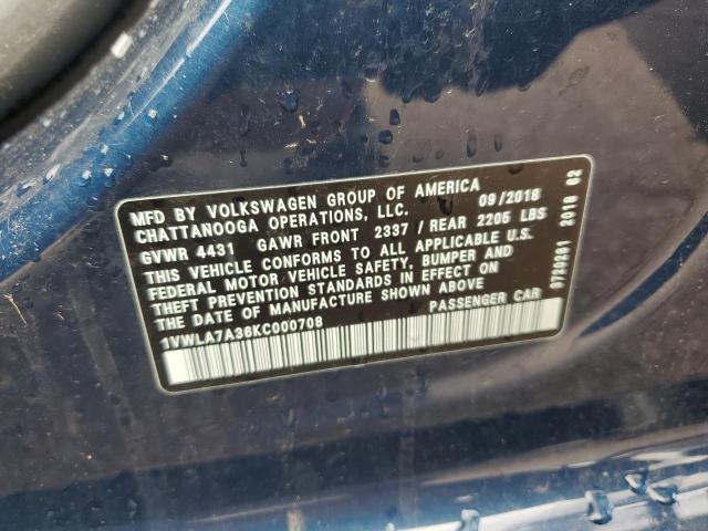 1VWLA7A36KC000708 - 2019 VOLKSWAGEN PASSAT WOLFSBURG 蓝色 照片 12