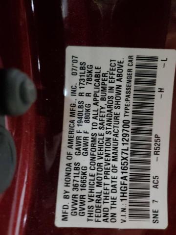 1HGFA165X7L129700 - 2007 HONDA CIVIC LX BURGUNDY photo 12