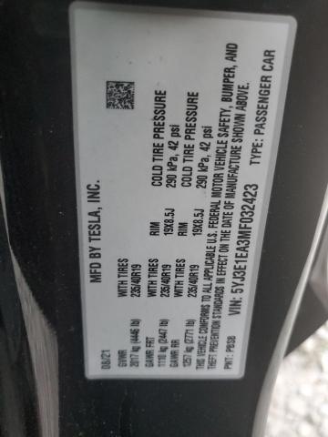 5YJ3E1EA3MF032423 - 2021 TESLA MODEL 3 შავი ფოტო 12