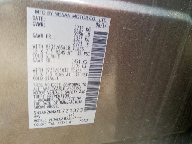 5N1AR2MN8EC721373 - 2014 NISSAN PATHFINDER S  照片 10