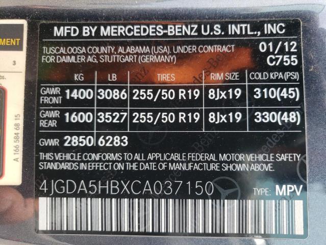 4JGDA5HBXCA037150 - 2012 MERCEDES-BENZ ML 350 4MATIC GRAY photo 12