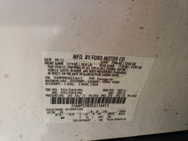 1FAHP2EW3CG116415 - 2012 FORD TAURUS SEL WHITE photo 13