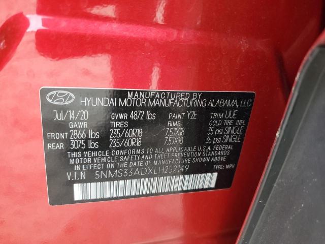 5NMS33ADXLH252149 - 2020 HYUNDAI SANTA FE SEL RED photo 12