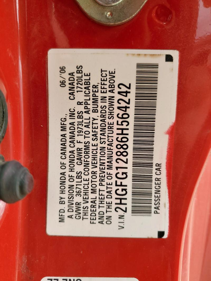 2HGFG12886H564242 - 2006 HONDA CIVIC EX RED photo 12