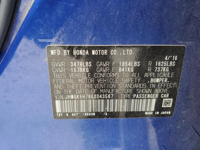 JHMGK5H78GX043587 - 2016 HONDA FIT EX BLUE photo 12