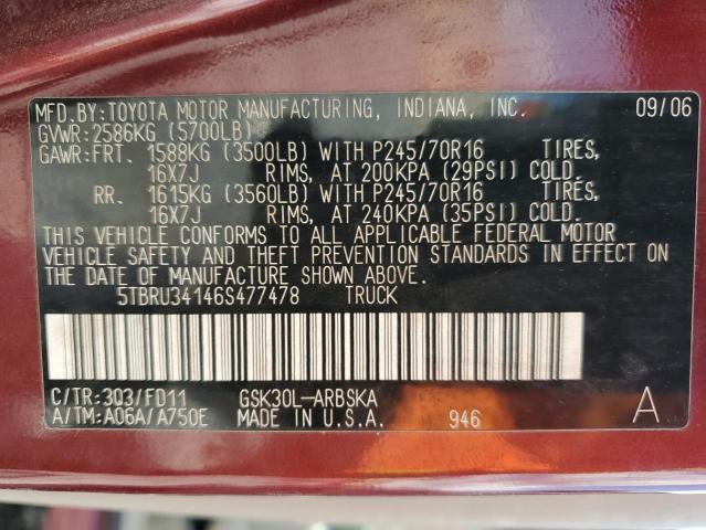 5TBRU34146S477478 - 2006 TOYOTA TUNDRA ACCESS CAB SR5 BURGUNDY photo 12