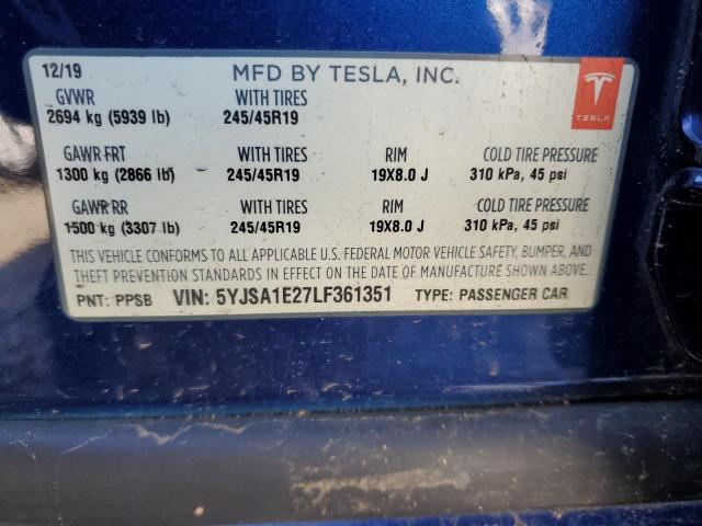 5YJSA1E27LF361351 - 2020 TESLA MODEL S BLUE photo 13