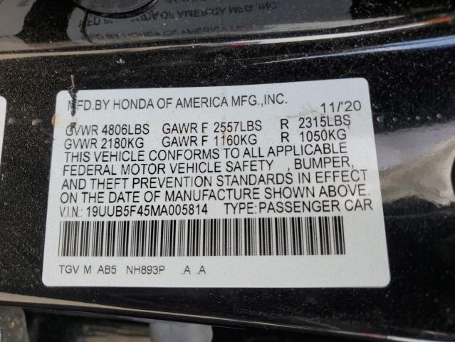 19UUB5F45MA005814 - 2021 ACURA TLX TECHNOLOGY BLACK photo 12
