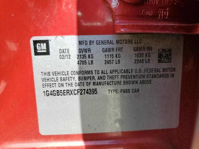 1G4GB5ERXCF274395 - 2012 BUICK LACROSSE CONVENIENCE RED photo 12