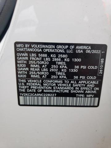 1V2KC2CA9NC228227 - 2022 VOLKSWAGEN ATLAS CROS SE თეთრი ფოტო 12