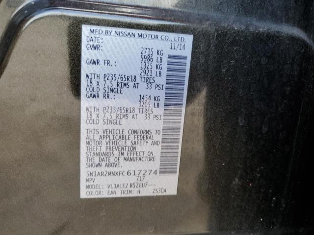 5N1AR2MNXFC617274 - 2015 NISSAN PATHFINDER S BLACK photo 14