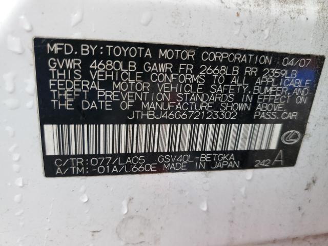 JTHBJ46G672123302 - 2007 LEXUS ES 350 WHITE photo 12