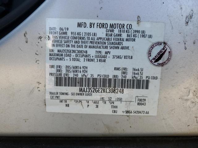 MAJ3S2GE2KC308248 - 2019 FORD ECOSPORT SE ვერცხლისფერი ფოტო 13