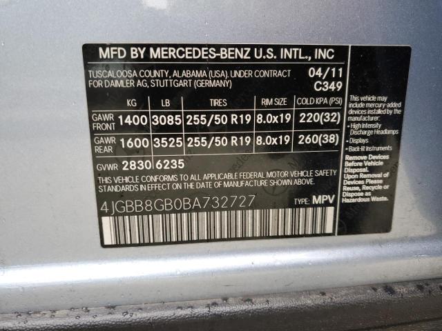 4JGBB8GB0BA732727 - 2011 MERCEDES-BENZ ML 350 4MATIC BLUE photo 12