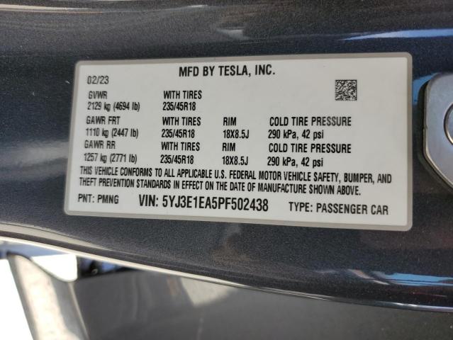 5YJ3E1EA5PF502438 - 2023 TESLA MODEL 3 GRAY photo 11