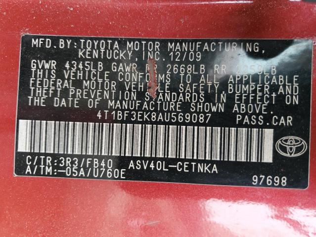 4T1BF3EK8AU569087 - 2010 TOYOTA CAMRY BASE BURGUNDY photo 12