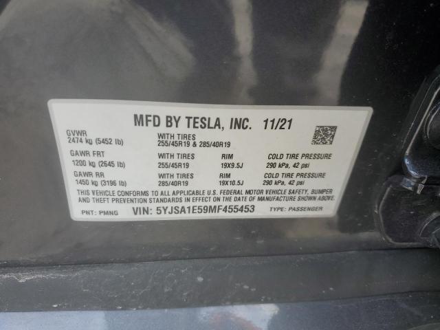 5YJSA1E59MF455453 - 2021 TESLA MODEL S Մոխրագույն լուսանկար 12