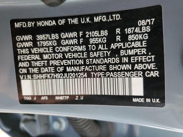 SHHFK7H92JU201254 - 2018 HONDA CIVIC SPORT TOURING GRAY photo 12