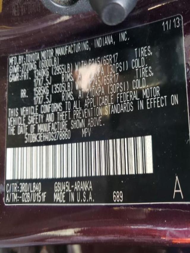 5TDBK3EH4DS278860 - 2013 TOYOTA HIGHLANDER BASE Marron photo 10