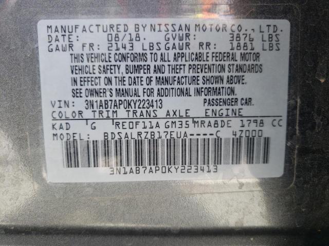 3N1AB7AP0KY223413 - 2019 NISSAN SENTRA S GRAY photo 12