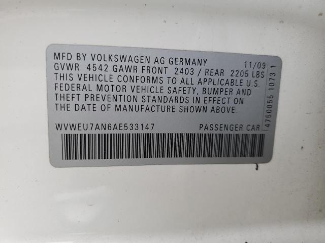 WVWEU7AN6AE533147 - 2010 VOLKSWAGEN CC VR6 WHITE photo 12